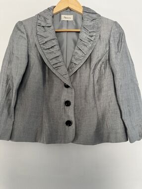Precis Women's Linen Light Gray Ruffle Collar Blazer